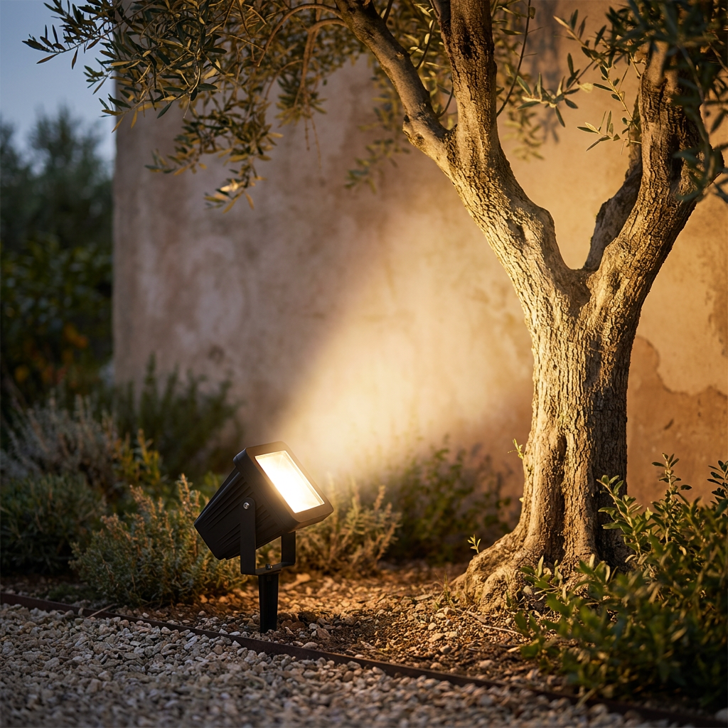 Atlas Solar Zoom Outdoor Spotlight - soft evening glow